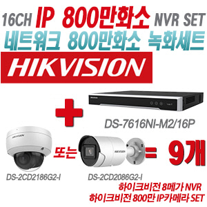 [IP-8M] DS7616NIM2/16P 16CH + 하이크비전 800만 IP카메라 9개 SET (실내형/실외형 2.8mm출고)